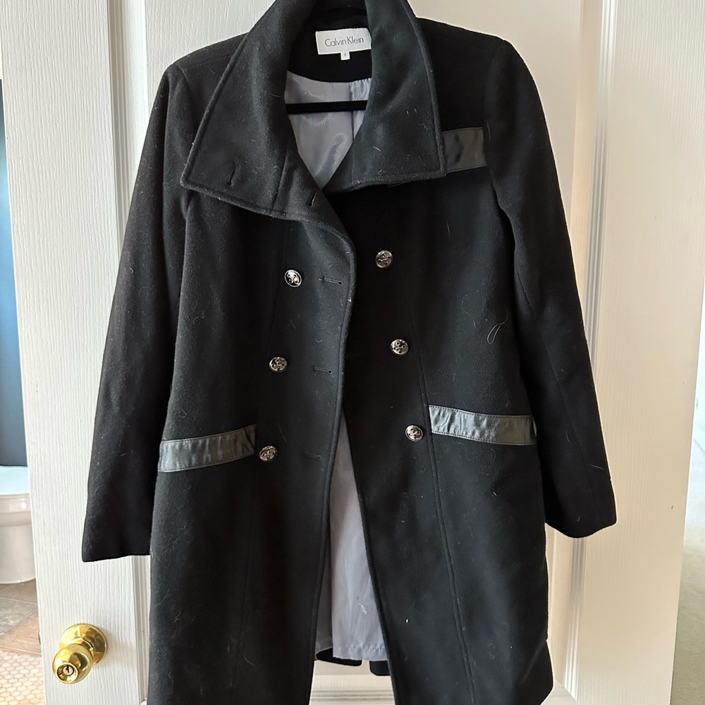 Calvin Klein Women's Black Pea Coat with Leather Accents
